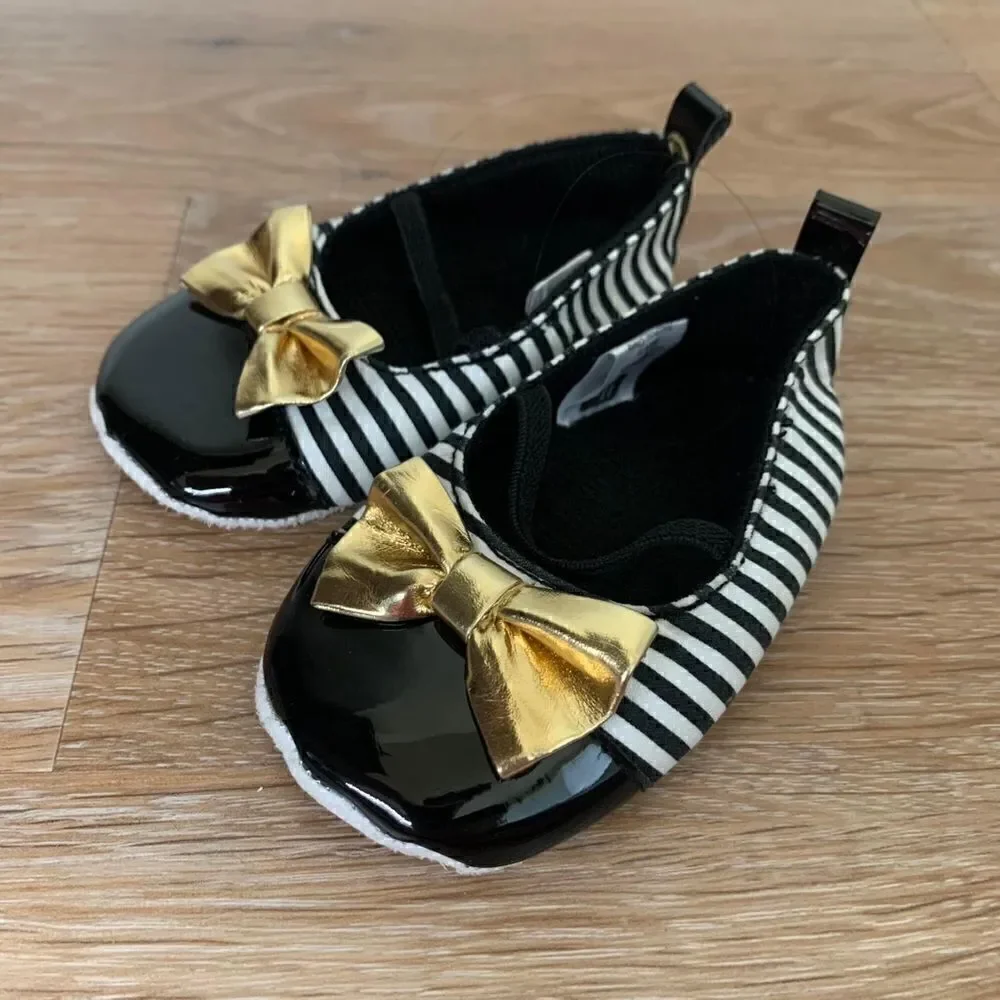 HB 6-12 Months Black Striped Patent Gold Bow Baby Girl Shoes